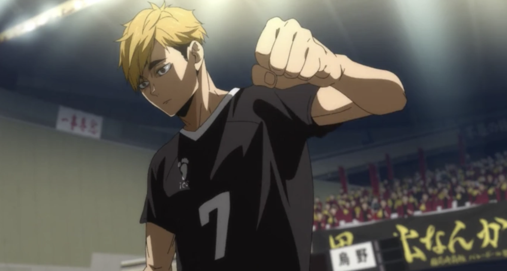 This character is Atsumu Miya, a setter for the Inarizaki High School volleyball team. He is pictured here wearing a black jersey with the number 7 during the Nationals arc.