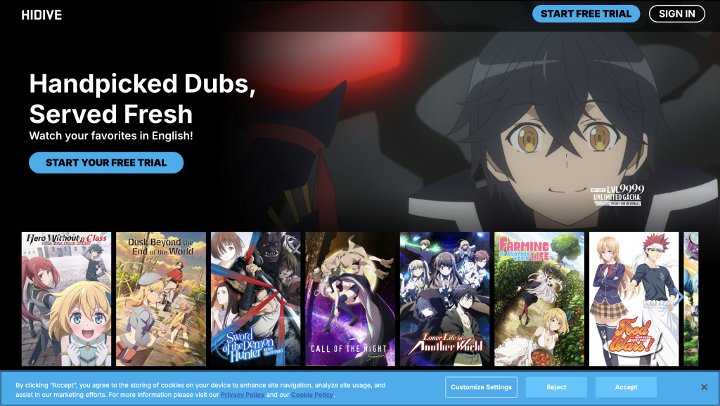 This image shows the HIDIVE streaming service homepage showcasing dubbed anime series.Featured titles include My Gift LVL 9999 Unlimited Gacha and Call of the Night.