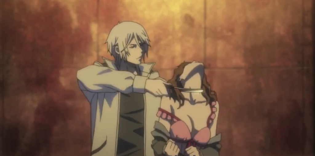 This scene is from Psycho-Pass, Season 1, Episode 11.The villain Shogo Makishima is shown threatening Yuki Funahara.