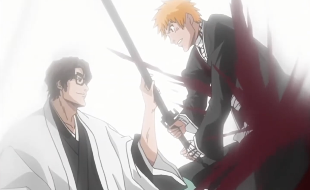 This scene is from the anime Bleach, specifically Season 1, Episode 61. The character Sosuke Aizen effortlessly blocks a powerful attack from Ichigo Kurosaki using only his index finger.