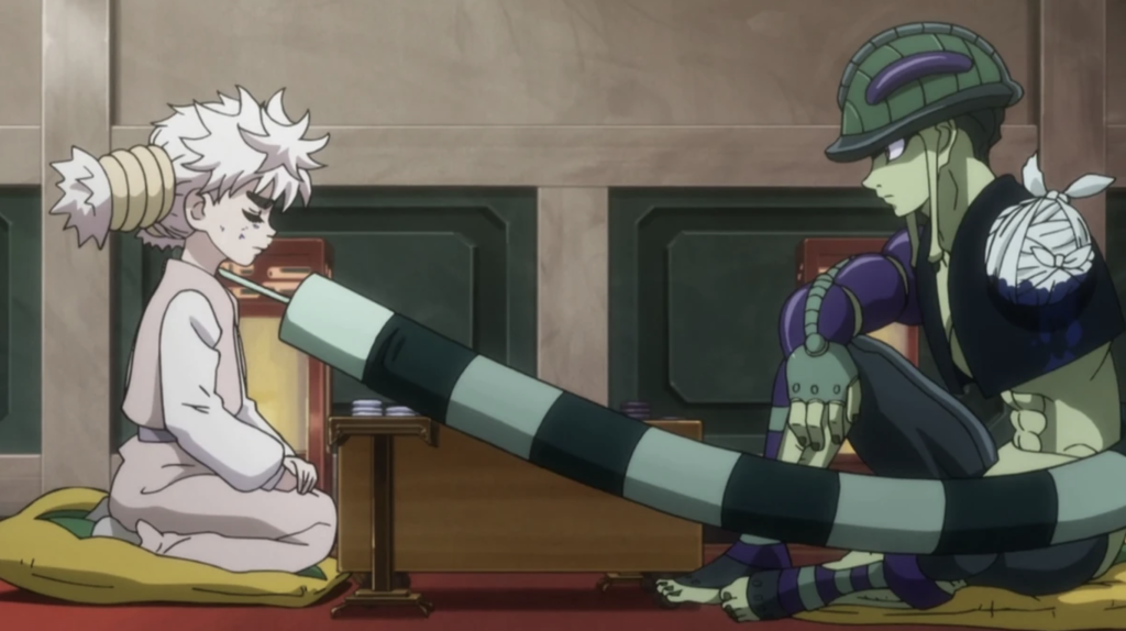 This scene is from the anime series Hunter × Hunter (2011), specifically Episode 105, titled "Resolve × and × Awakening". The characters shown are Meruem, the Chimera Ant King, and Komugi, the blind Gungi world champion. In this scene, Meruem has ripped off his own arm to show resolve and apology after threatening Komugi.