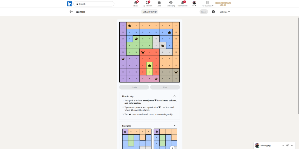 A screenshot of the daily LinkedIn Games puzzle.