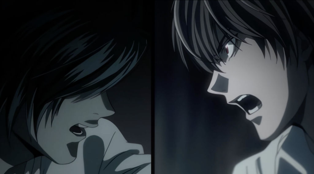 This image is from the anime Death Note, specifically showing a confrontational scene between characters Light Yagami and L Lawliet. The scene is likely from Episode 2, titled "Confrontation," where Light officially accepts L's challenge to find him. In this pivotal moment, both characters declare themselves as "justice" while confronting each other.