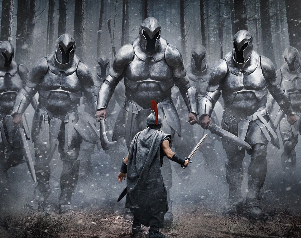 A lone Greek warrior with a sword faces a group of towering armored giants advancing through a snow-covered forest in a dramatic fantasy image inspired by The Odyssey.