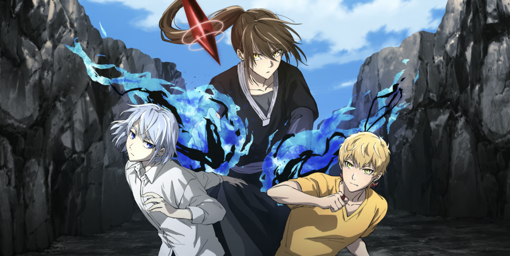 This image features characters from the anime series Tower of God, specifically showing the protagonists Bam, Khun, and Rak in a promotional visual.