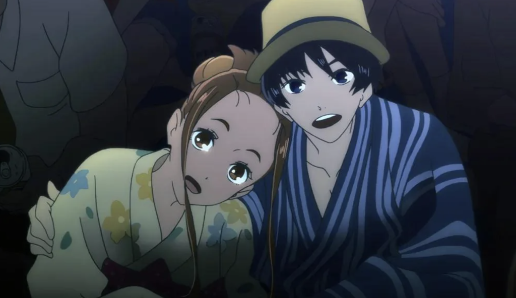 This image features characters from the 2019 anime film Ride Your Wave. Hinako Mukaimizu and Minato Hinageshi are shown wearing traditional yukata while watching fireworks.