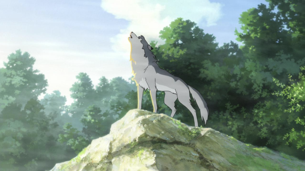 This scene is from the 2012 animated film Wolf Children directed by Mamoru Hosoda. The wolf depicted is Ame, one of the main characters, howling on a rock.