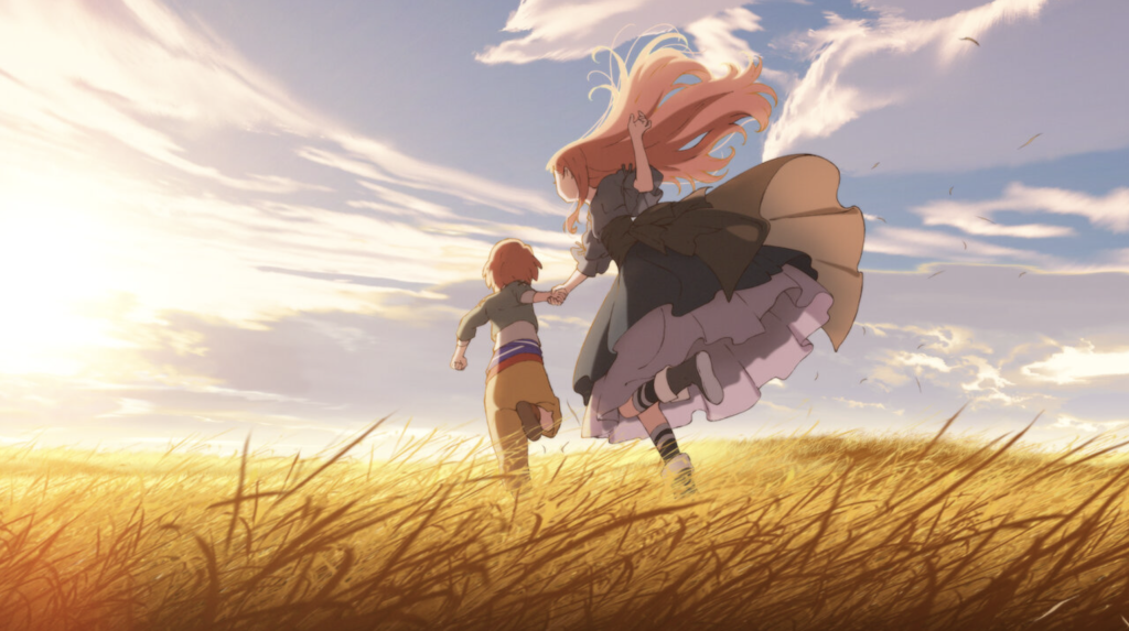  When the Promised Flower Blooms. It depicts the main character, Maquia, a member of a long-lived race, running through a field with her adopted human son.