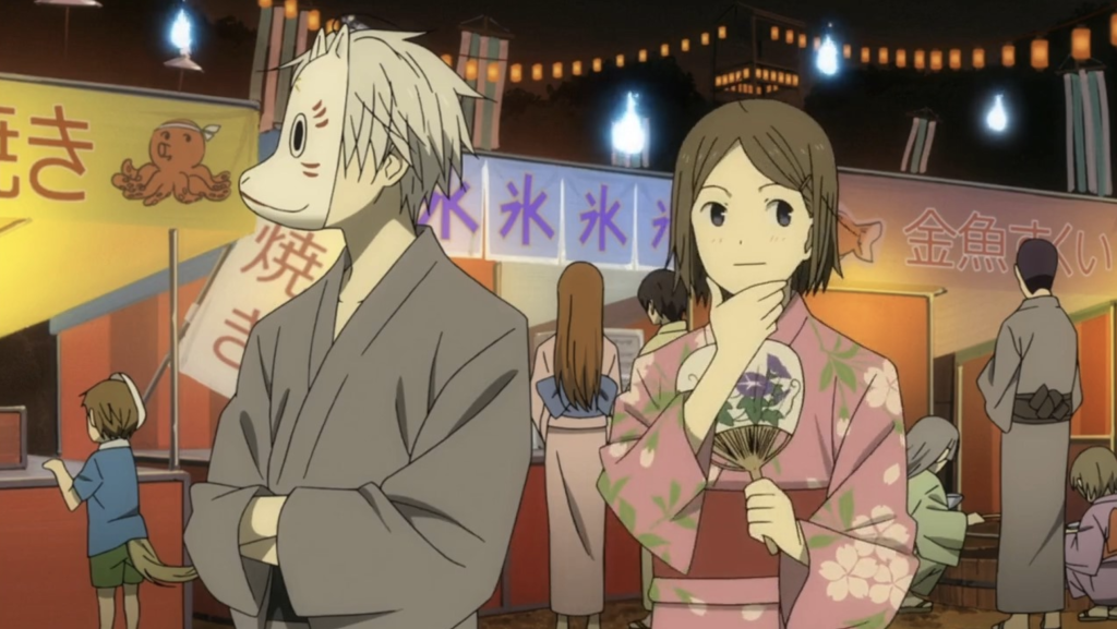 This scene is from the 2011 anime film Hotarubi no Mori e (Into the Forest of Fireflies' Light). The image features the characters Gin, wearing a white fox mask, and Hotaru.