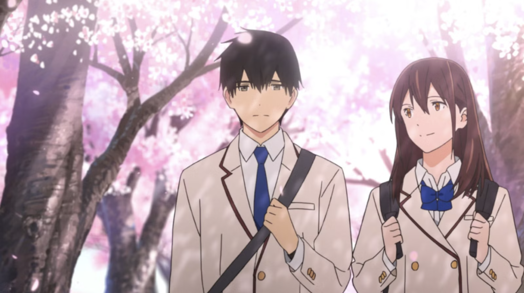 This scene is from the 2018 anime film I Want to Eat Your Pancreas. The characters shown are Haruki Shiga and Sakura Yamauchi.