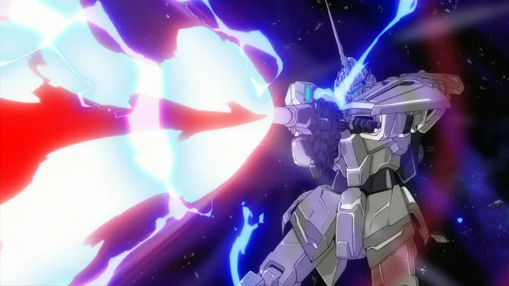 Unicorn Gundam is firing its signature weapon, the Beam Magnum, which has a power output equivalent to a mega-particle cannon.