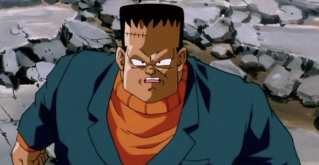 This character is Android 8, also known as "Eighter," from the Dragon Ball series. He is designed to look like Frankenstein's monster and was created by the Red Ribbon Army.