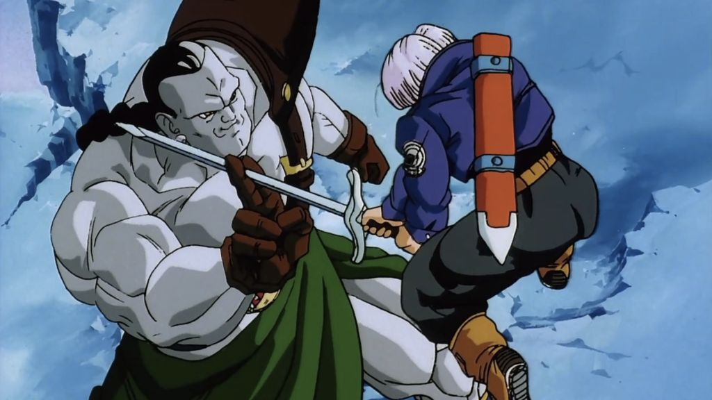  Super Android 13!. The large, grey-skinned Android blocking the sword is Android 14, a creation of Dr. Gero's supercomputer. Android 14 is able to block Future Trunks' sword attack using only two fingers.
