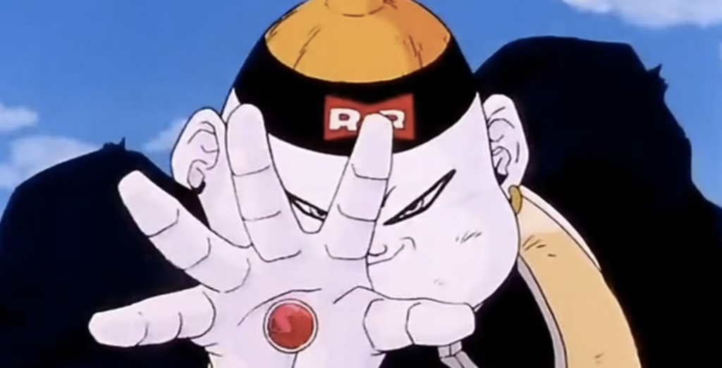This image features the character Android 19 from the Dragon Ball Z series. He is shown preparing to absorb energy using the red gem in the palm of his hand.