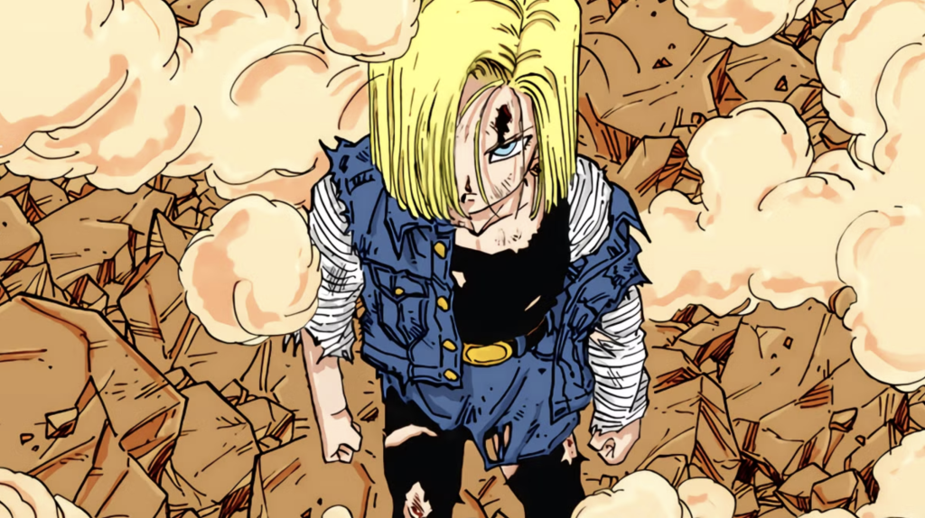 This image depicts Android 18 from Dragon Ball Z, specifically from a manga panel colored by Akira Toriyama. She is shown looking down with a damaged vest, consistent with scenes from the History of Trunks timeline.