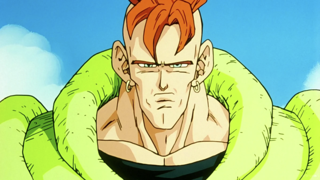 This character is Android 16 from the Dragon Ball Z series. He is a fully mechanical android designed by Dr. Gero to destroy Goku.