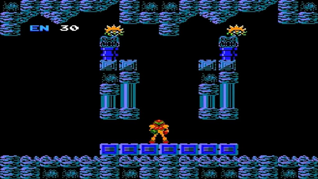 A gameplay screenshot of the original Metroid (1986) game.