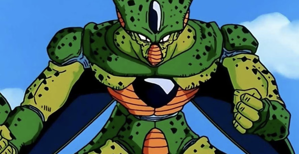 This image features the character Cell from the anime series Dragon Ball Z in his Imperfect form.
