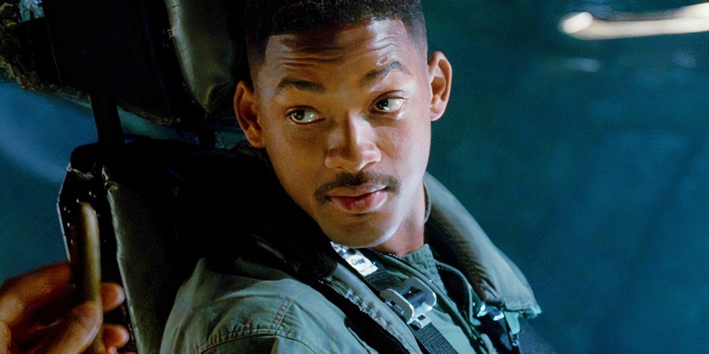 Captain Steven Hiller, played by Will Smith, sits inside a fighter jet cockpit in a scene from Independence Day (1996).