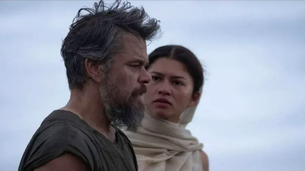 Zendaya Was Nervous on Her First Day on The Odyssey Set, But Tom Holland Helped Her Through It 14 Zendaya with Matt Damon in a still from The Odyssey