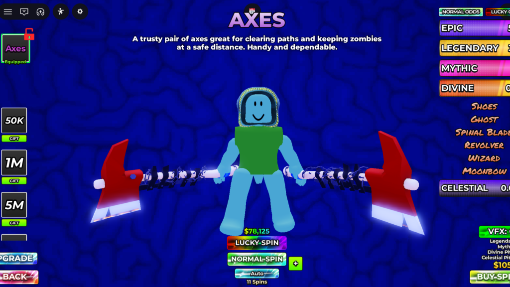 Player holding Axes in the weapons menu in Hunty Zombie.