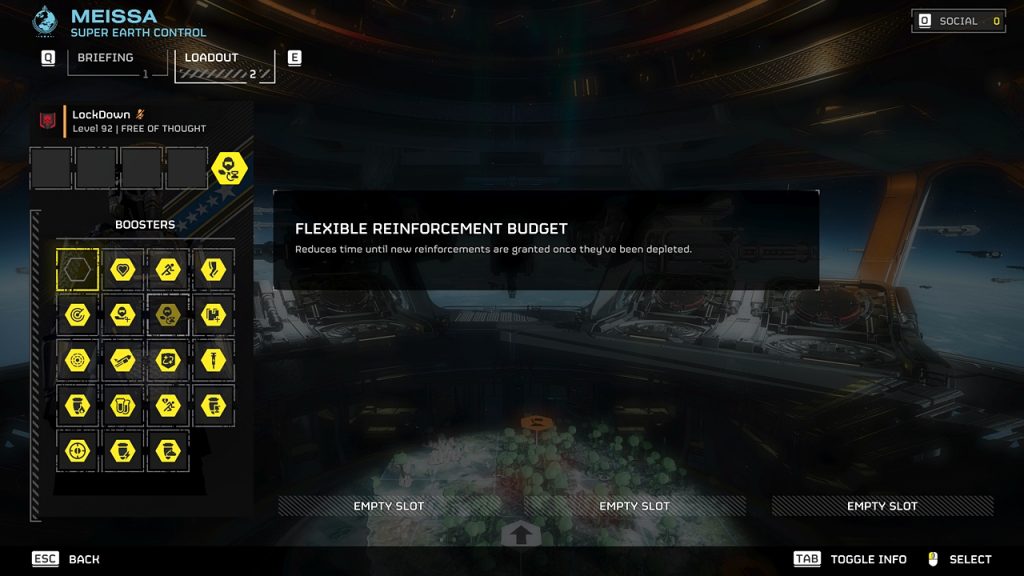 Helldivers 2 pre-mission loadout screen showcasing the Flexible Reinforcement Budget Booster.