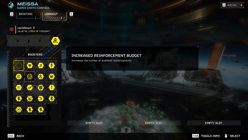Helldivers 2 Booster selection menu highlighting the Increased Reinforcement Budget Booster.