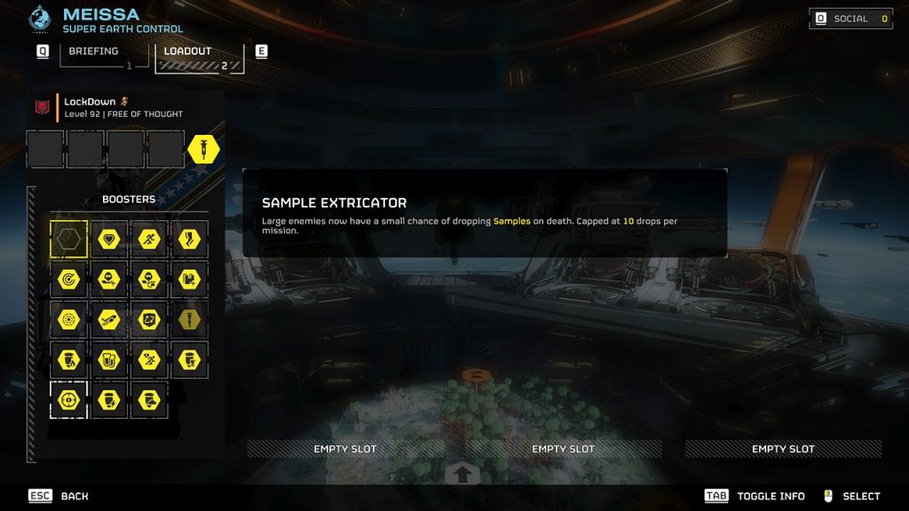 Helldivers 2 in-game Booster overview featuring the Sample Extricator Booster.