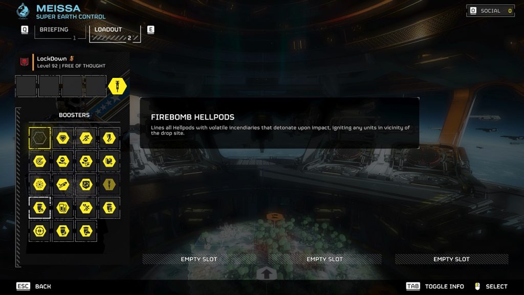 Helldivers 2 in-game loadout overview highlighting the Firebomb Hellpods Booster.
