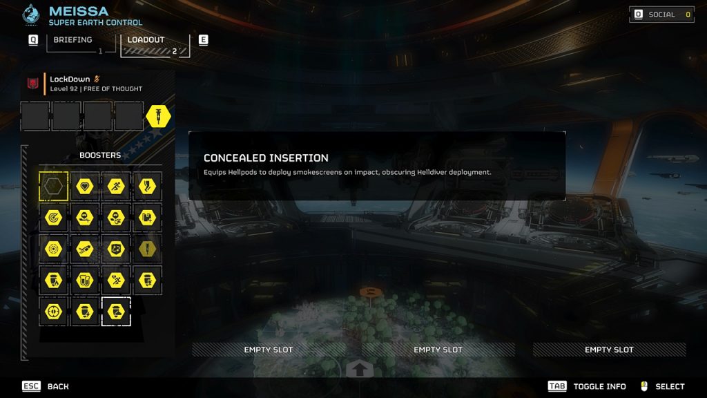 Helldivers 2 pre-mission Booster overview highlighting the Concealed Insertion Booster.
