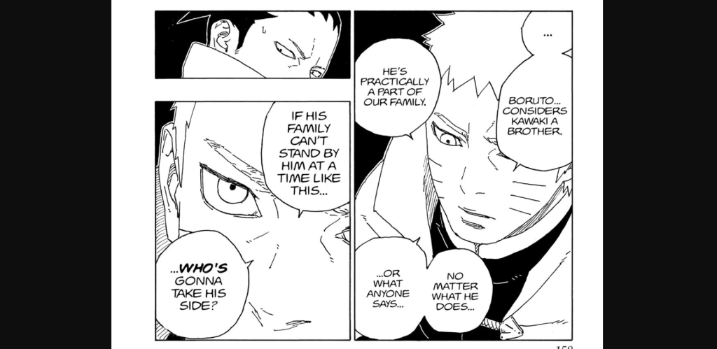  Naruto Next Generations manga, depicting a tense conversation between Naruto Uzumaki and Shikamaru Nara. The dialogue centers on whether to take action against Kawaki following negative reactions within Konoha. Naruto defends Kawaki, emphasizing that he considers him part of the Uzumaki family.