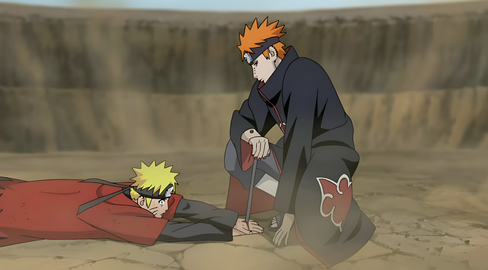 This scene is from Naruto Shippuden and shows Naruto Uzumaki defeated by Pain. Pain has pinned Naruto to the ground using black receivers to restrict his movements and chakra flow.