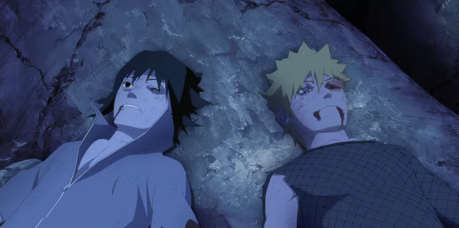 This scene features Naruto Uzumaki and Sasuke Uchiha from the anime Naruto: Shippuden. It depicts the aftermath of their final battle at the Valley of the End, where both characters are heavily wounded.