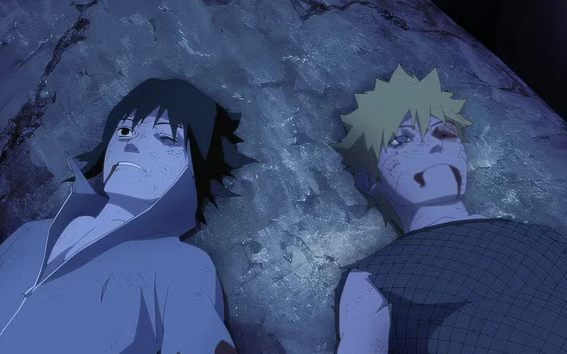 This scene features Naruto Uzumaki and Sasuke Uchiha from the anime Naruto: Shippuden. It depicts the aftermath of their final battle at the Valley of the End, where both characters are heavily wounded.