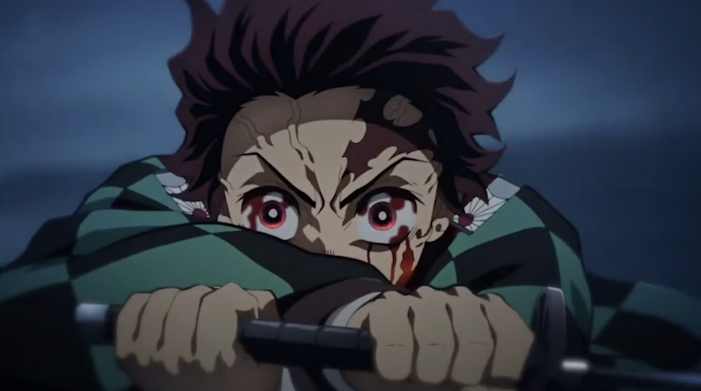  Kimetsu no Yaiba is shown with blood on his face, holding a sword. 