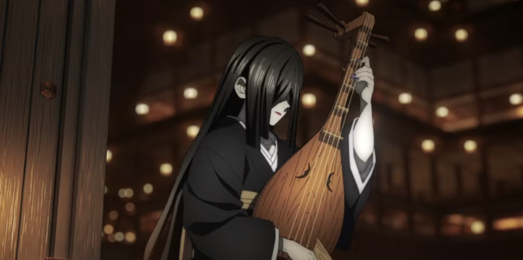  Kimetsu no Yaiba anime series. Nakime utilizes a musical Blood Demon Art by playing her instrument, allowing her to manipulate the layout of the Infinity Castle and teleport others.