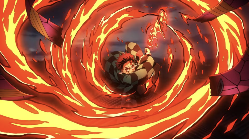  Kimetsu no Yaiba. He is performing the Hinokami Kagura (Dance of the Fire God), also known as Sun Breathing.