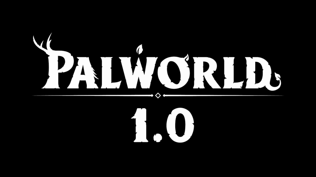 The official title art for Palworld 1.0, appearing in white font over a black background.