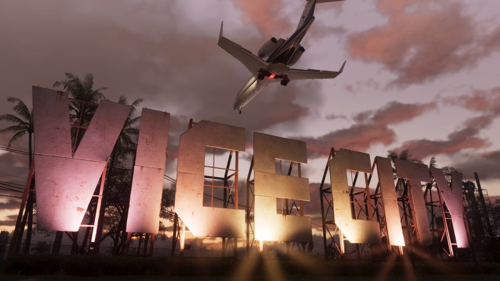 Aircraft flying over the Vice City sign in GTA 6.