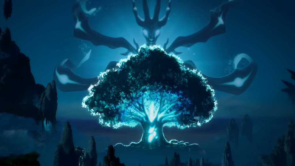 Palworld 1.0 cinematic trailer scene showcasing the World Tree with a striking cyan glow throughout.