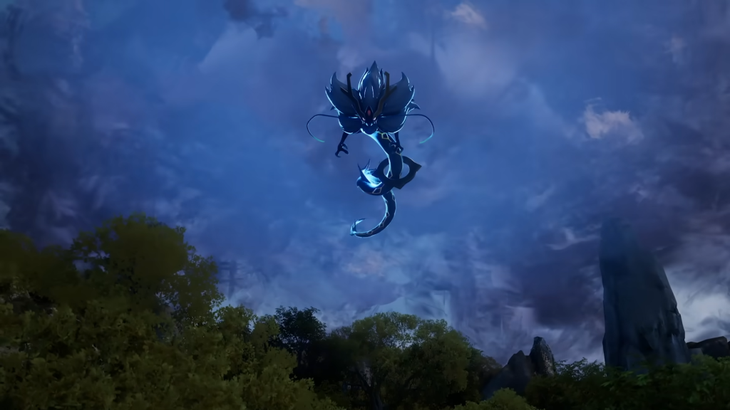 Palworld cinematic trailer scene showcasing a dragon-like creature floating in the sky.