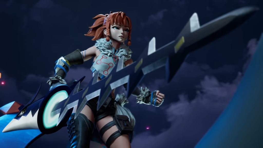 Palworld 1.0 cinematic trailer scene showing the player wielding a Pal-turned-sword weapon.