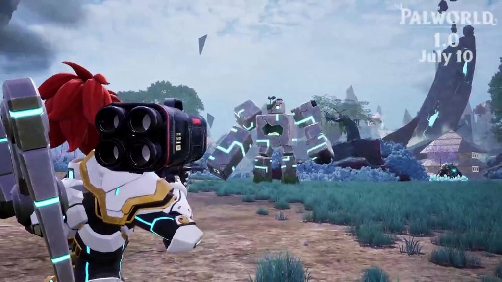 Palworld 1.0 gameplay screenshot showing the player aiming their rocket launcher at a hostile boss in the distance.