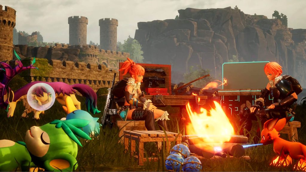 Palworld gameplay screenshot showing two players in their base, resting by a campfire with their pals.