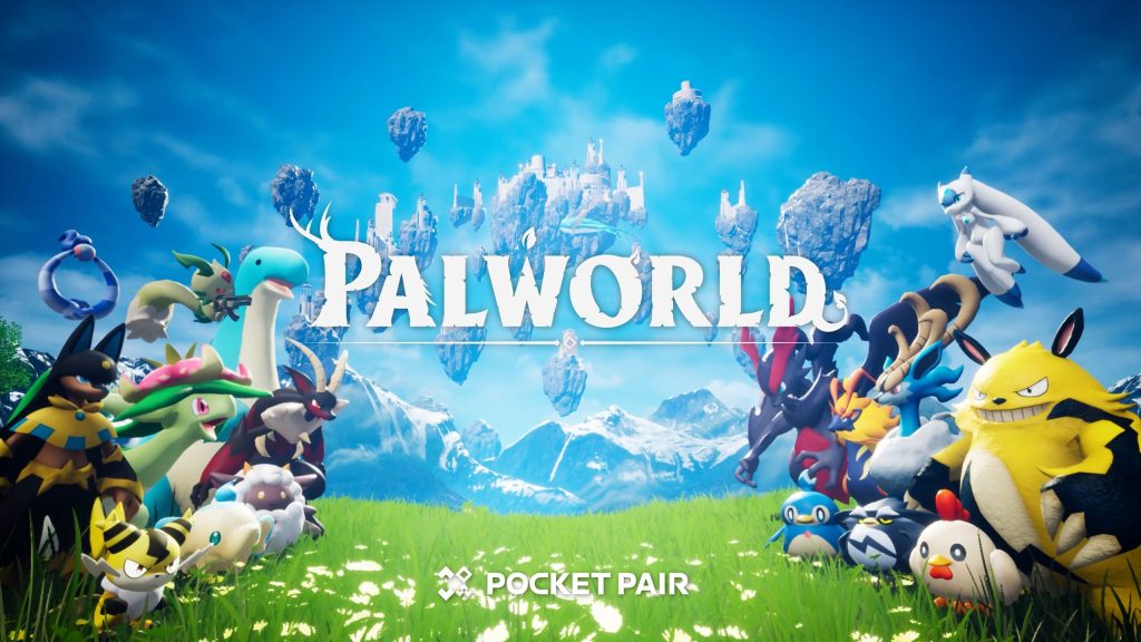 Palworld title art, showing two teams of Pals divided by the logo in bold.
