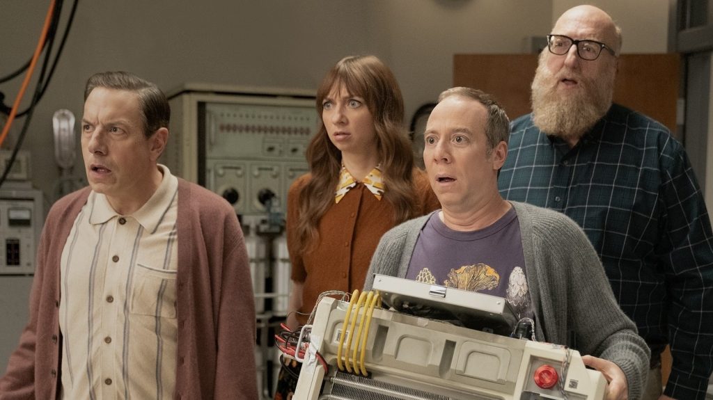 John Ross Bowie, Lauren Lapkus, Kevin Sussman, and Brian Posehn as Barry, Denise, Stuart, and Bert in Stuart Fails to Save the Universe