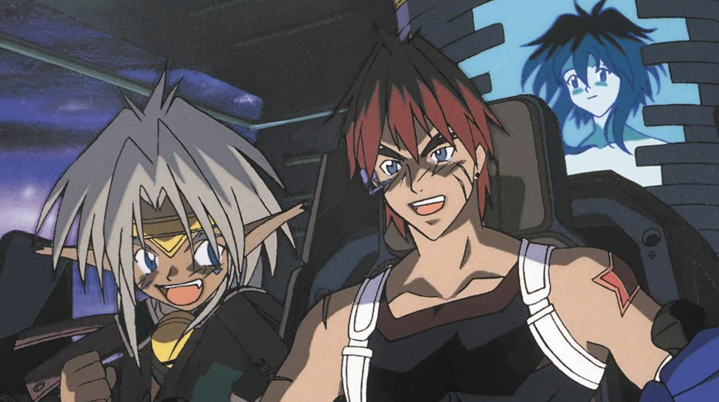 This image features Gene Starwind and Aisha Clanclan piloting the ship from the classic 1990s anime series Outlaw Star.