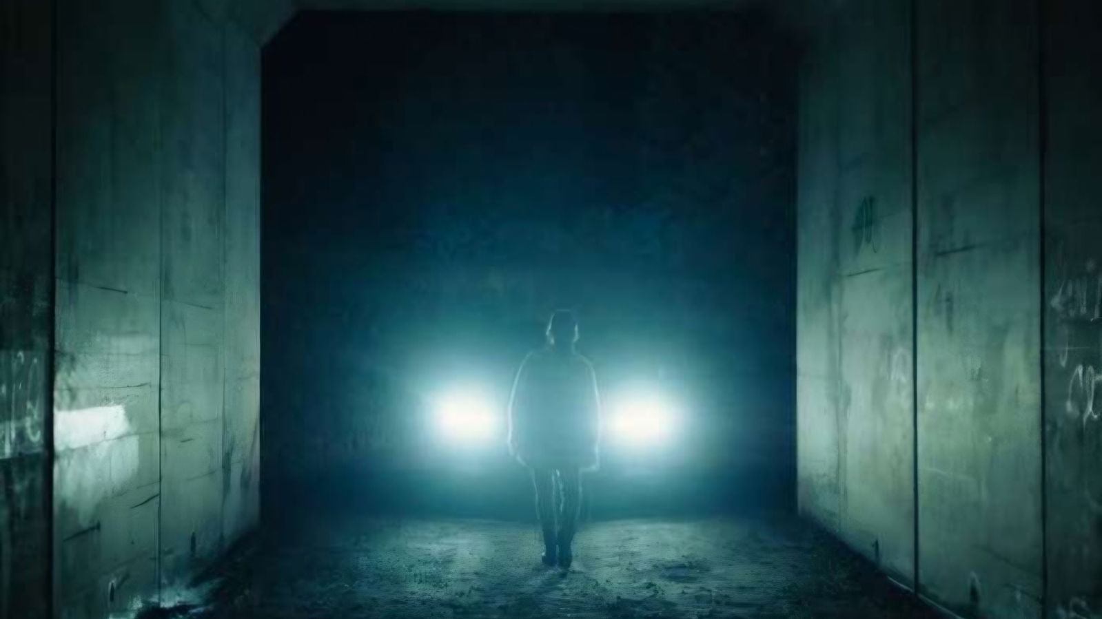 A man stands in front of car with its headlights on at night