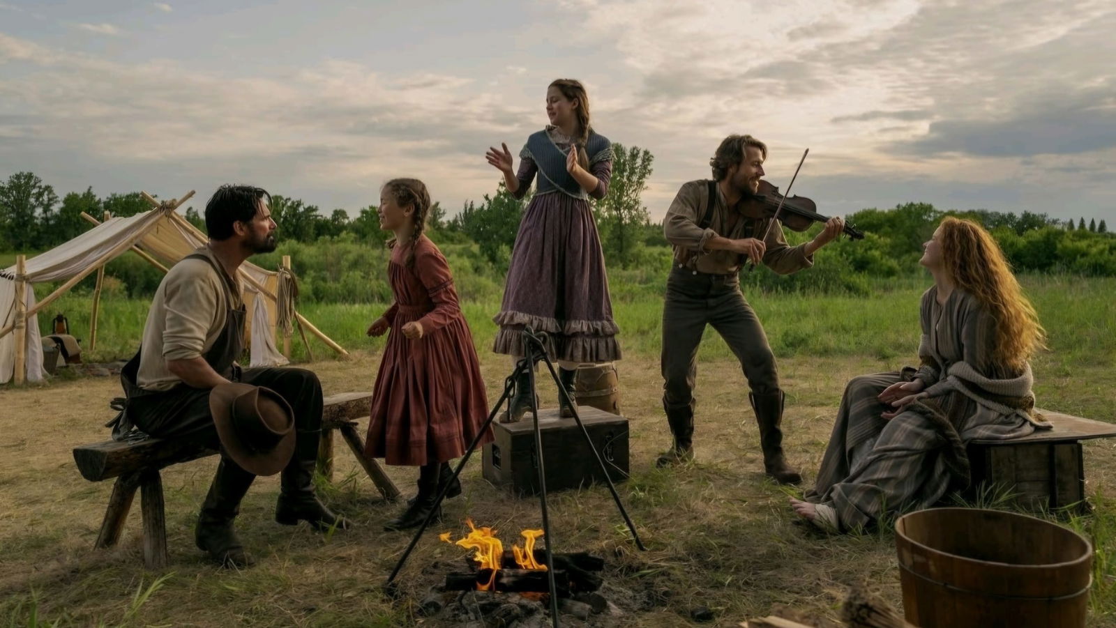 Skywalker Hughes, Alice Halsey, Luke Bracey, and Crosby Fitzgerald in Little House on the Prairie (2026) | Image via Netflix