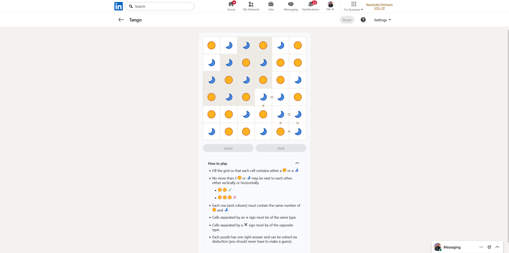 A screenshot of the daily LinkedIn Games puzzle.